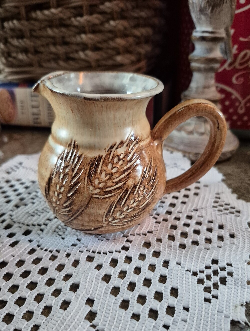 Handcrafted Stoneware Glazed Etched Wheat Pottery Small Pitcher Signed
